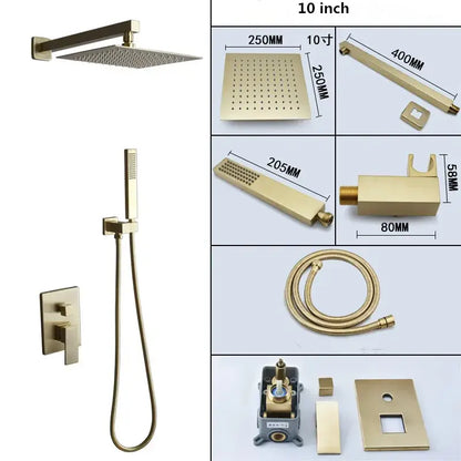 Modern brushed gold shower set with square rainfall head bathroom