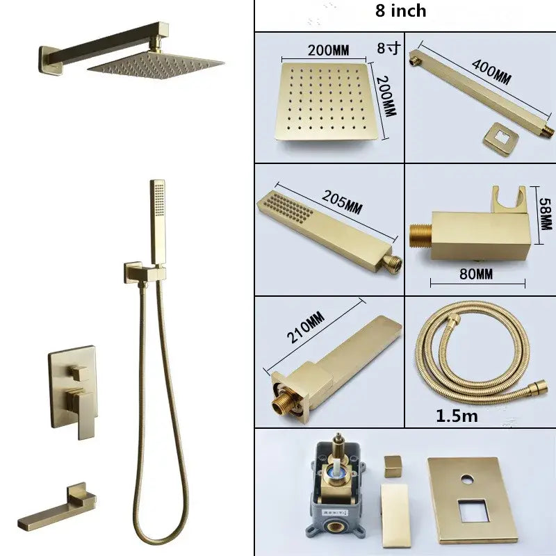 Modern brushed gold shower set with square rainfall head bathroom