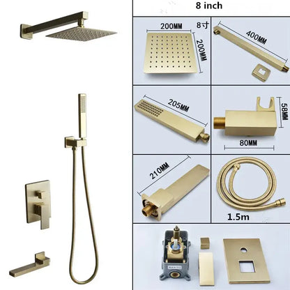 Modern brushed gold shower set with square rainfall head bathroom
