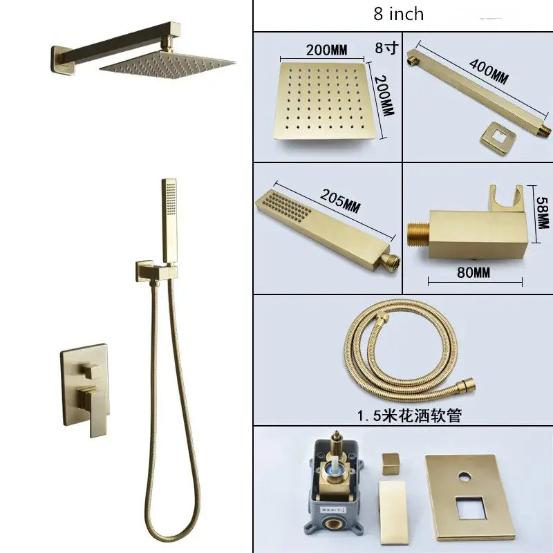Modern brushed gold shower set with square rainfall head bathroom