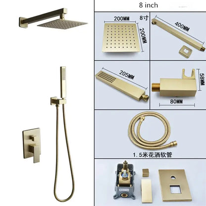 Modern brushed gold shower set with square rainfall head bathroom