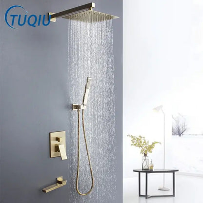 Modern brushed gold shower set with square rainfall head bathroom