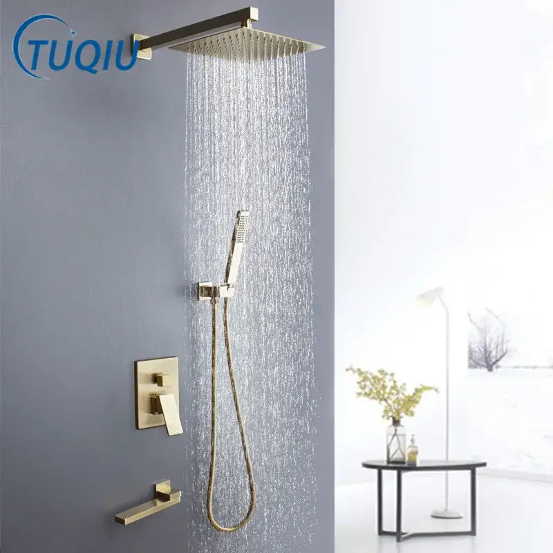 Modern brushed gold shower set with square rainfall head bathroom
