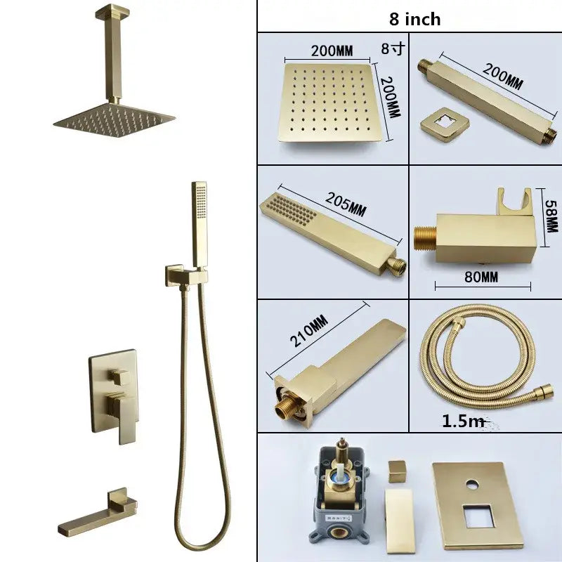 Modern brushed gold shower set with square rainfall head bathroom
