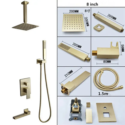 Modern brushed gold shower set with square rainfall head bathroom