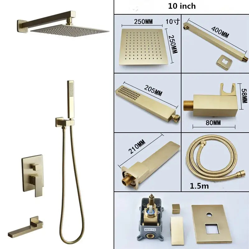 Modern brushed gold shower set with square rainfall head bathroom