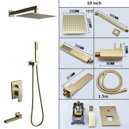 Modern brushed gold shower set with square rainfall head bathroom