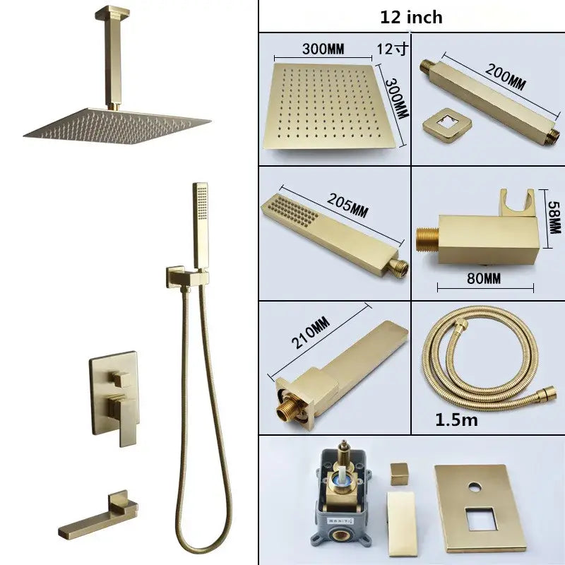 Modern brushed gold shower set with square rainfall head bathroom