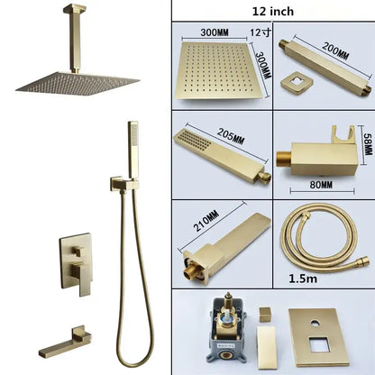 Modern brushed gold shower set with square rainfall head bathroom