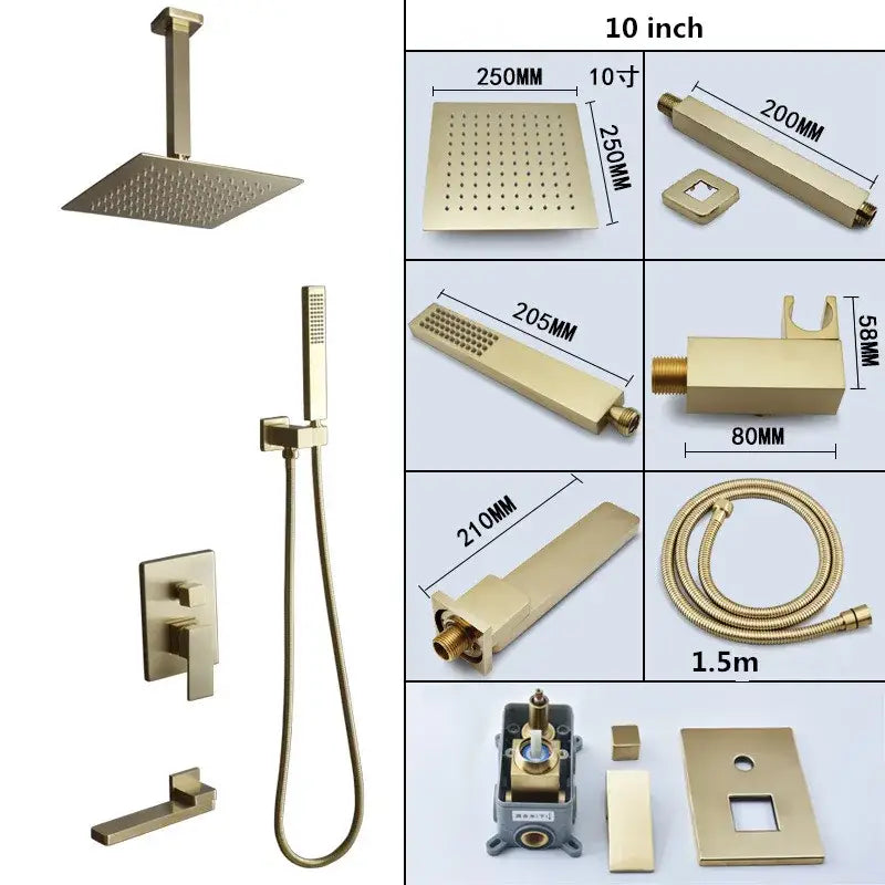 Modern brushed gold shower set with square rainfall head bathroom