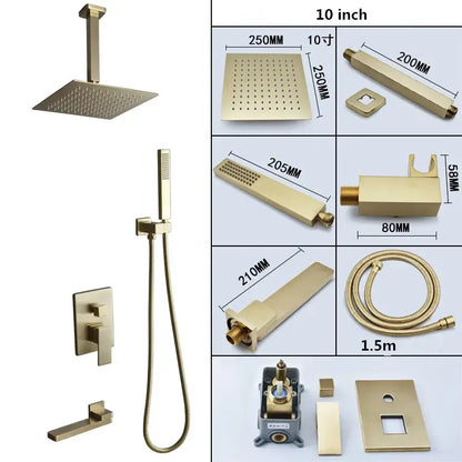 Modern brushed gold shower set with square rainfall head bathroom