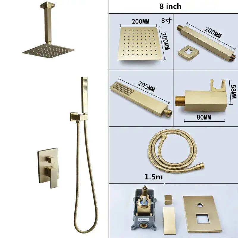 Modern brushed gold shower set with square rainfall head bathroom