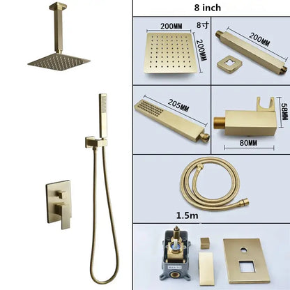 Modern brushed gold shower set with square rainfall head bathroom