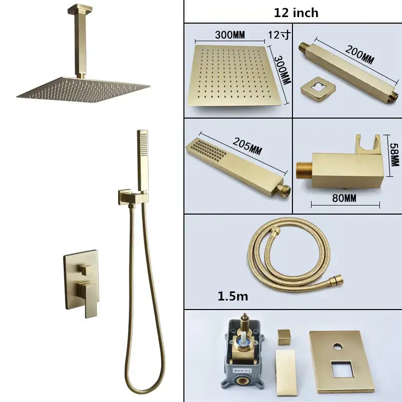 Modern brushed gold shower set with square rainfall head bathroom