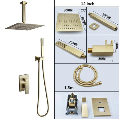 Modern brushed gold shower set with square rainfall head bathroom