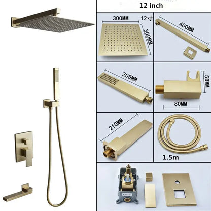 Modern brushed gold shower set with square rainfall head bathroom