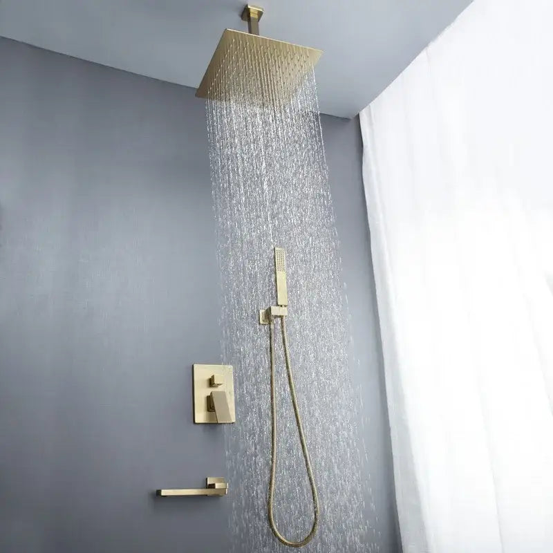 Modern brushed gold shower set with square rainfall head bathroom