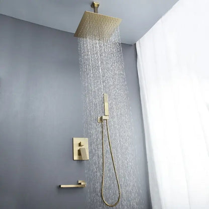 Modern brushed gold shower set with square rainfall head bathroom