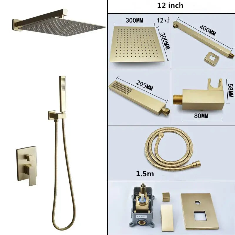 Modern brushed gold shower set with square rainfall head bathroom