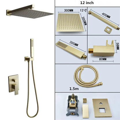 Modern brushed gold shower set with square rainfall head bathroom