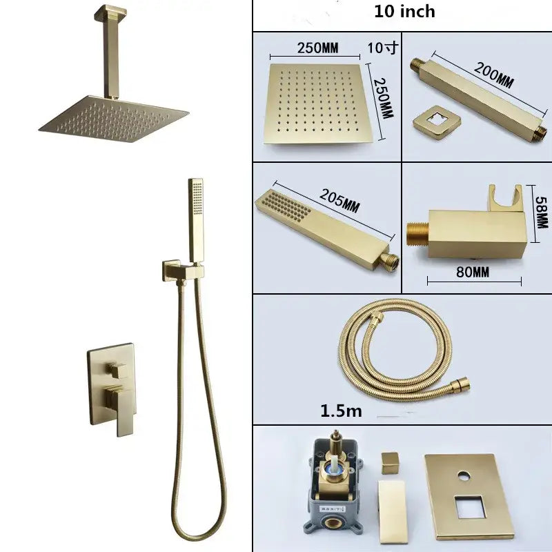 Modern brushed gold shower set with square rainfall head bathroom