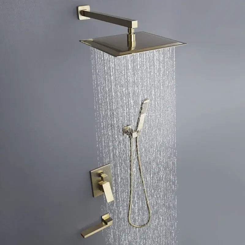 Modern brushed gold shower set with square rainfall head bathroom
