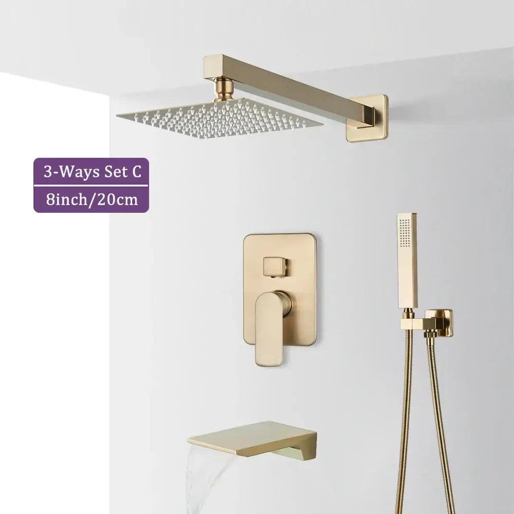 Modern brushed gold square shower faucet set bathroom rainfall mixer