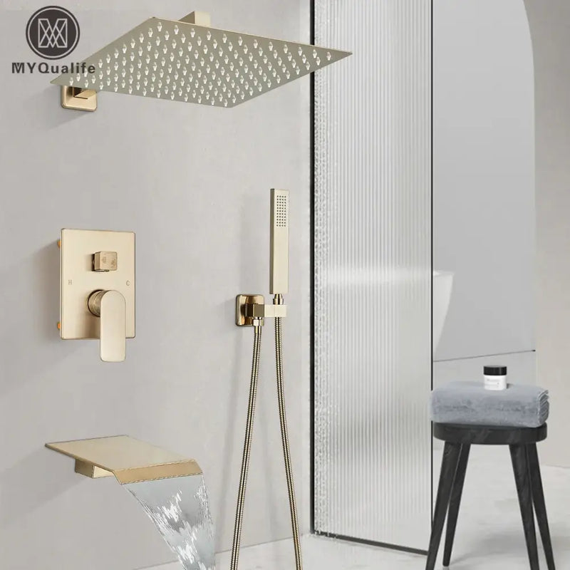 Modern brushed gold square shower faucet set bathroom rainfall mixer