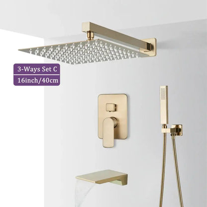Modern brushed gold square shower faucet set bathroom rainfall mixer
