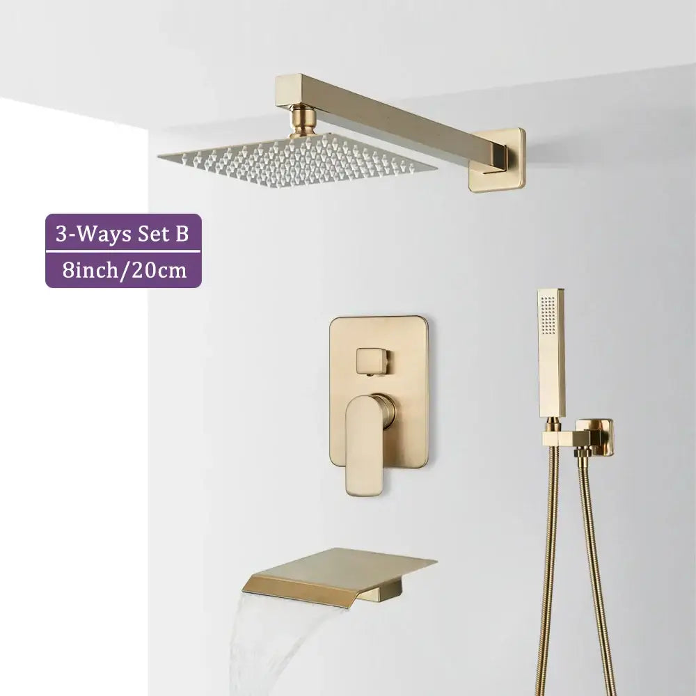 Modern brushed gold square shower faucet set bathroom rainfall mixer