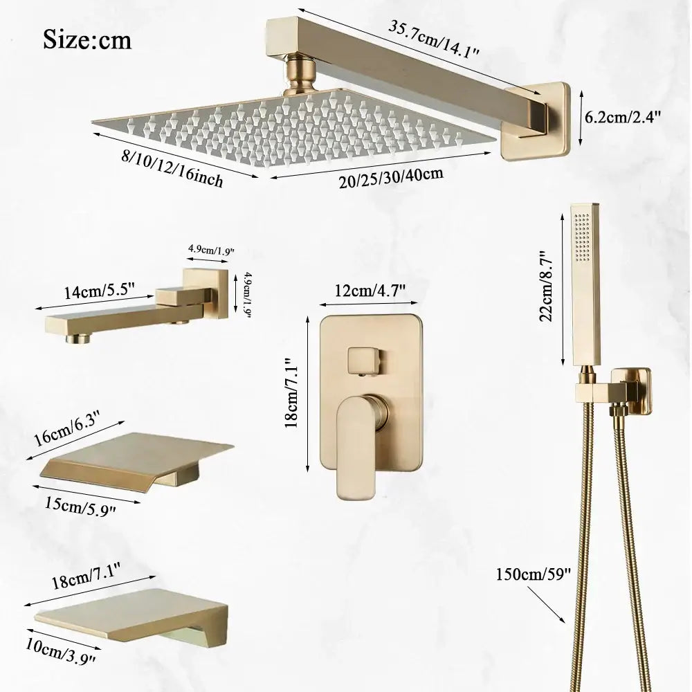 Modern brushed gold square shower faucet set bathroom rainfall mixer