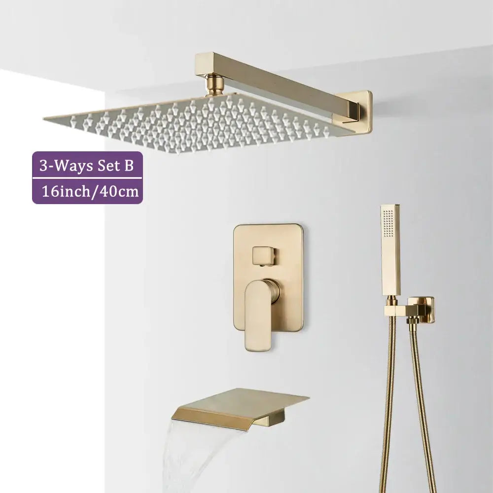 Modern brushed gold square shower faucet set bathroom rainfall mixer