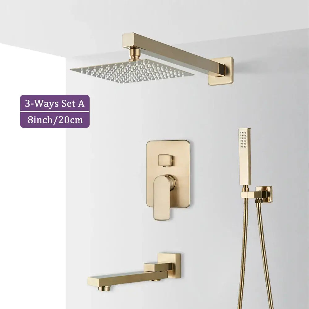 Modern brushed gold square shower faucet set bathroom rainfall mixer