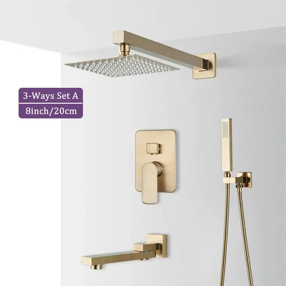 Modern brushed gold square shower faucet set bathroom rainfall mixer