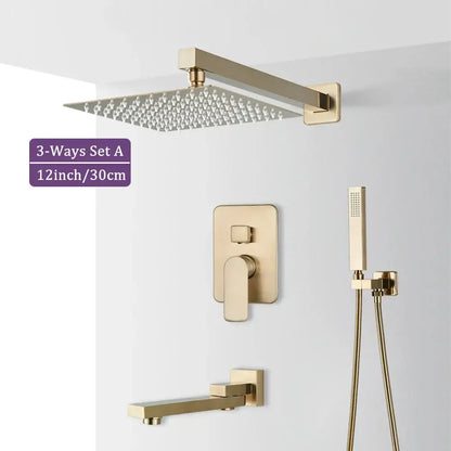 Modern brushed gold square shower faucet set bathroom rainfall mixer
