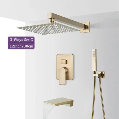 Modern brushed gold square shower faucet set bathroom rainfall mixer