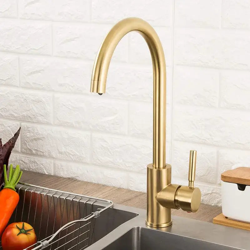 Modern brushed gold stainless steel kitchen faucet with curved spout