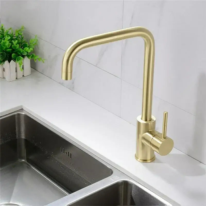 Modern brushed gold stainless steel kitchen faucet with curved spout