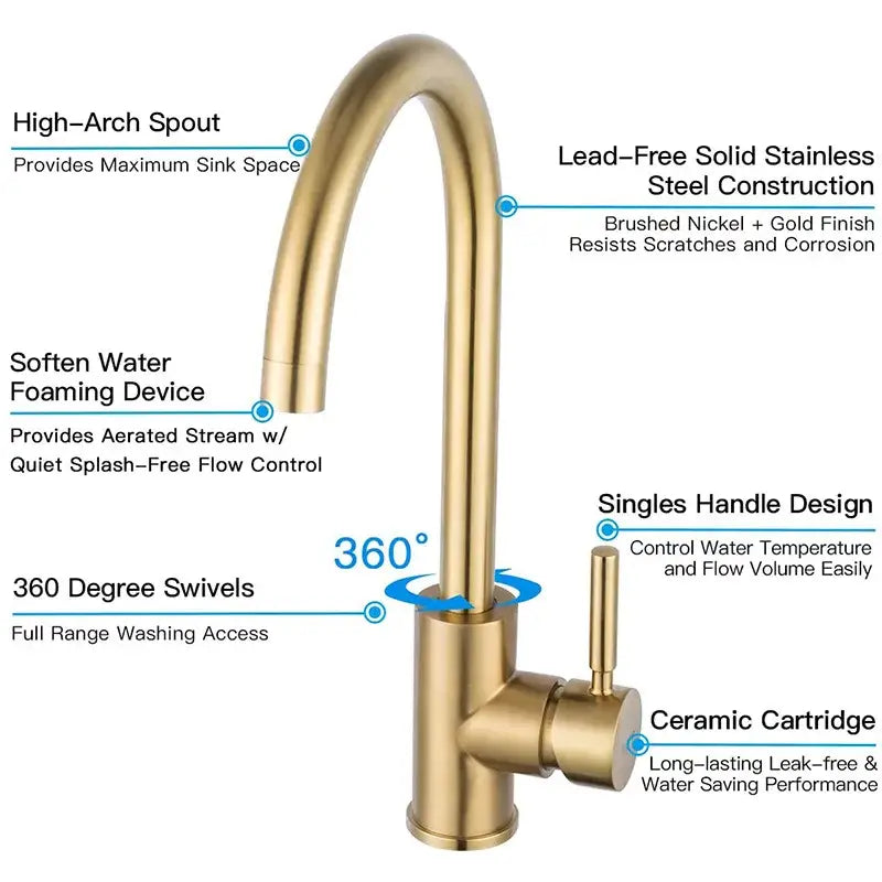 Modern brushed gold stainless steel kitchen faucet with curved spout