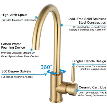 Modern brushed gold stainless steel kitchen faucet with curved spout