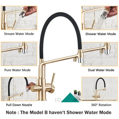 Modern brushed gold swivel kitchen faucet with black rubber hose