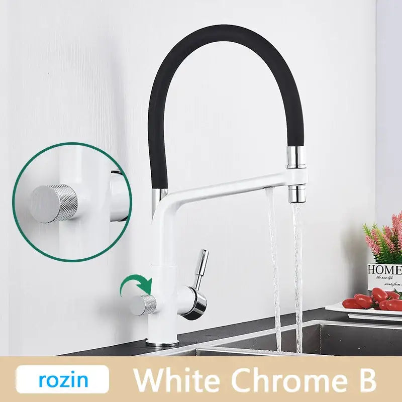 Modern brushed gold swivel kitchen faucet with black rubber hose