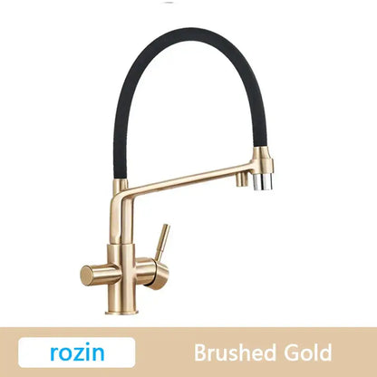 Modern brushed gold swivel kitchen faucet with black rubber hose