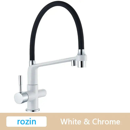 Modern brushed gold swivel kitchen faucet with black rubber hose