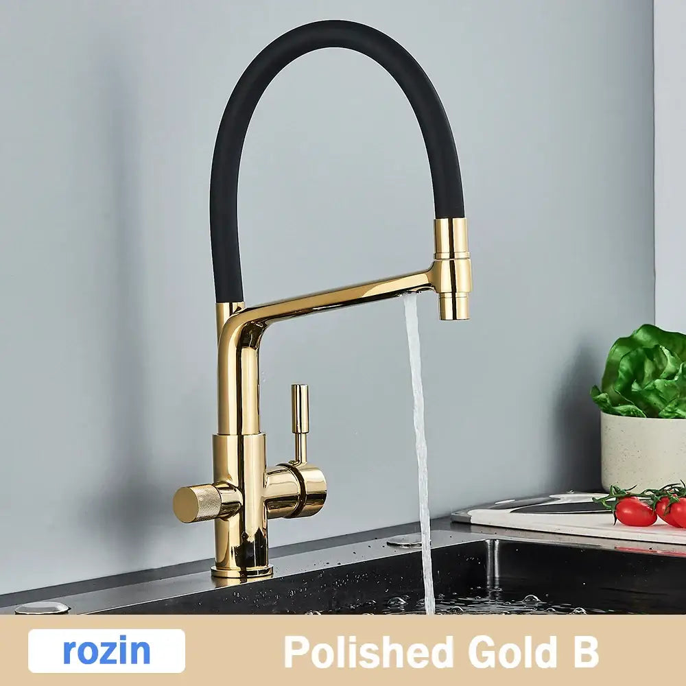 Modern brushed gold swivel kitchen faucet with black rubber hose