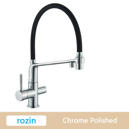 Modern brushed gold swivel kitchen faucet with black rubber hose