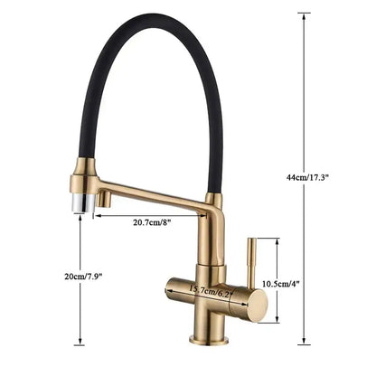 Modern brushed gold swivel kitchen faucet with black rubber hose