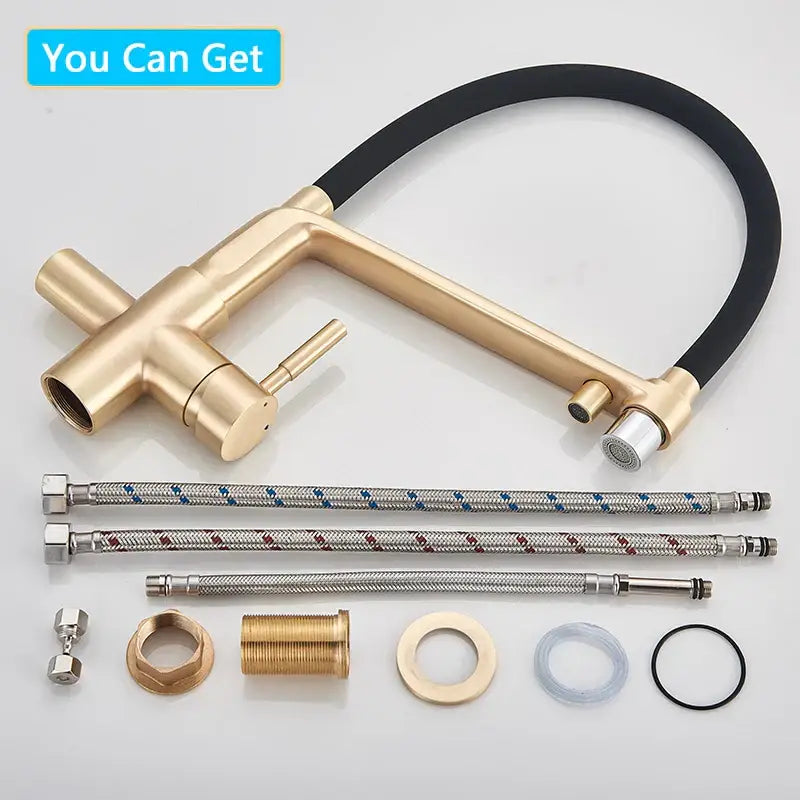 Modern brushed gold swivel kitchen faucet with black rubber hose