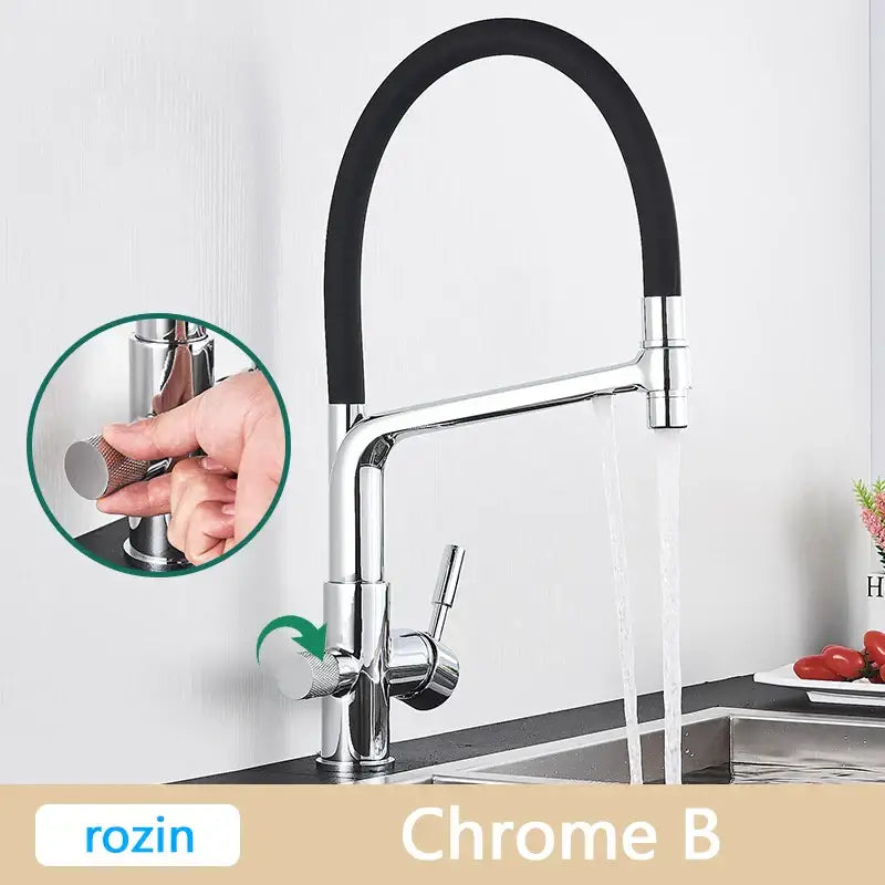 Modern brushed gold swivel kitchen faucet with black rubber hose