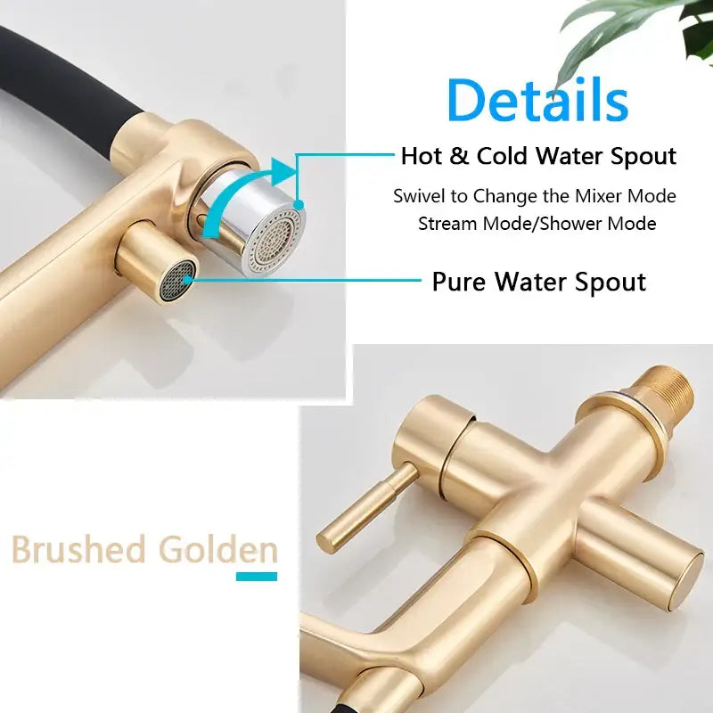 Modern brushed gold swivel kitchen faucet with black rubber hose